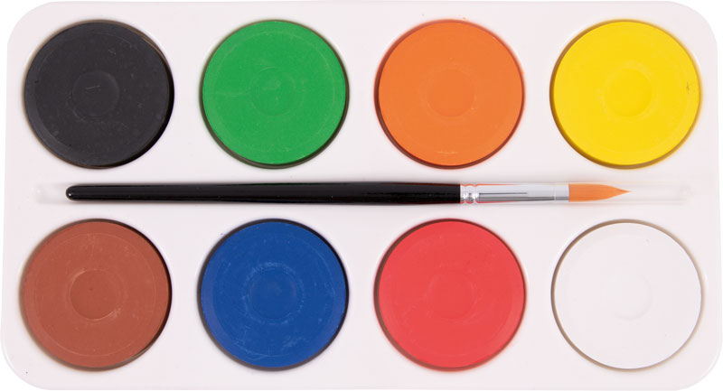Farbpucks mit Palette und Pinsel
