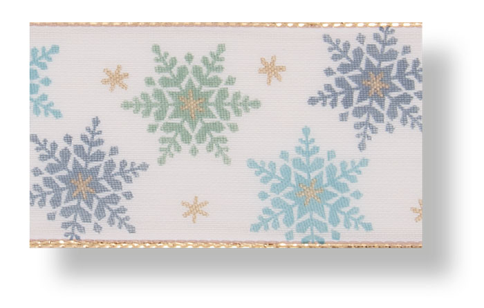 Drahtchiffonband Eiskristalle hellblau/gold